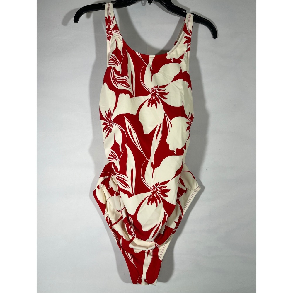 Shade & Shore 1 Piece Swimsuit Women 16 Cream Red Floral Criss Cross Back Resort